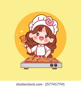 Cute chef with Grilled pork or Moo ping logo cartoon design. Hand drawn vector illustration premium.