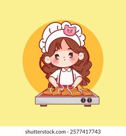 Cute chef with Grilled pork or Moo ping logo cartoon design. Hand drawn vector illustration premium.