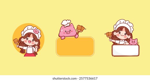 Cute chef with Grilled pork or Moo ping logo cartoon design. Hand drawn vector illustration premium.