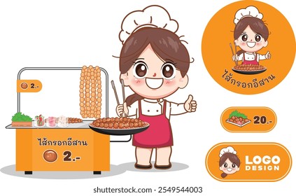 Cute chef with Grilled Thai fermented sausage or Sai Krok Isan logo cartoon design. Hand drawn vector illustration premium.	