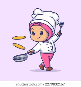 Cute Chef Hijab Girl Holding Spatula and Pan Cartoon Vector Icon Illustration. People Food Icon Concept Isolated Premium Vector. Flat Cartoon Style