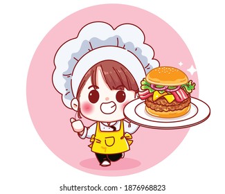Cute Chef sostiene gran hamburguesa caricatura sonriente ilustración Premium Vector