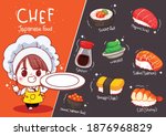 Cute chef hold plate with sushi, japanese food cartoon hand draw illustration Premium Vector