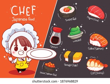 Cute chef hold plate with sushi, japanese food cartoon hand draw illustration Premium Vector