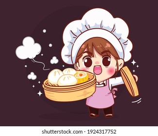 Cute chef holding Chinese dumplings dim sum in a bamboo steamer cartoon illustration