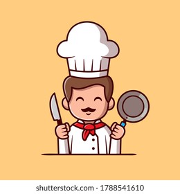 Cute Chef Holding Frying Pan And Knife Cartoon Vector Icon llustration. People Profession Icon Concept Isolated Premium Vector. Flat Cartoon Style