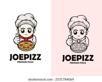 a cute chef holding a pizza in his hand. Mascot logo design for a pizza restaurant.
