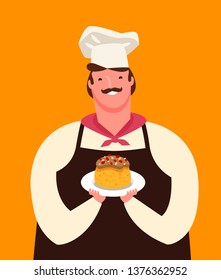 Cute chef holding a plate of dessert. Menu, culinary concept. Cartoon vector illustration