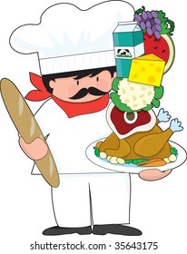 A cute chef holding a plate with a stack of food