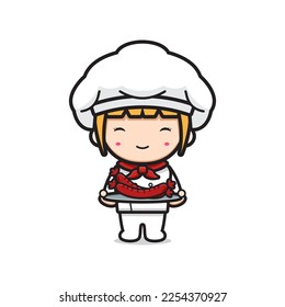 Cute chef holding sausage on plate cartoon icon illustration. Design isolated flat cartoon style