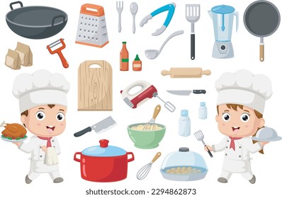 Cute chef kids with equipment elements