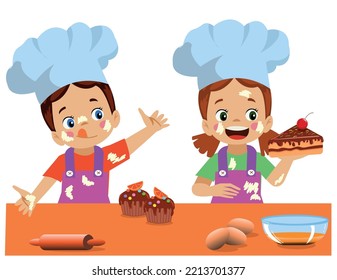 cute chef kids making cake