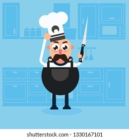 Cute chef in kitchen cook in uniform holding a knife and making dinner. Professional master - Vector illustration