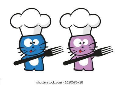 Cute chef kitten characters with chef hat and fork. Vector illustration on white background