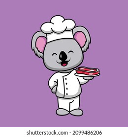 Cute Chef Koala Holding Beef Steak Cartoon Vector Icon Illustration. Animal Food Icon Concept Isolated Premium Vector. Flat Cartoon Style