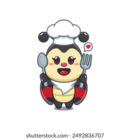 Cute chef ladybug holding spoon and fork cartoon vector illustration. 
Vector cartoon Illustration suitable for poster, brochure, web, mascot, sticker, logo and icon.