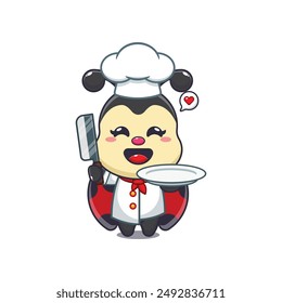 Cute chef mariquita con cuchillo y placa de Ilustración vectorial de dibujos animados. 
Vector de dibujos animados Ilustración adecuada para el cartel, folleto, Web, mascota, etiqueta engomada, logotipo e icono.