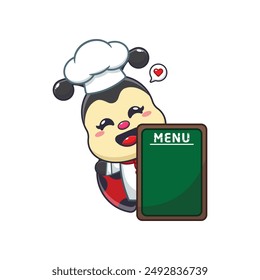 Cute chef ladybug with menu board cartoon vector illustration. 
Vector cartoon Illustration suitable for poster, brochure, web, mascot, sticker, logo and icon.