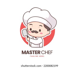 Cute chef logo mascot cartoon character. Chef holding knife. People Food Icon Concept Isolated on white. 