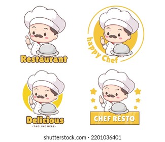 Cute chef logo mascot cartoon character. Chef holding silver plate. People Food Icon Concept Isolated on white. 