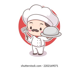 Cute chef logo mascot cartoon character. Chef holding silver plate and spatula. People Food Icon Concept Isolated on white. 