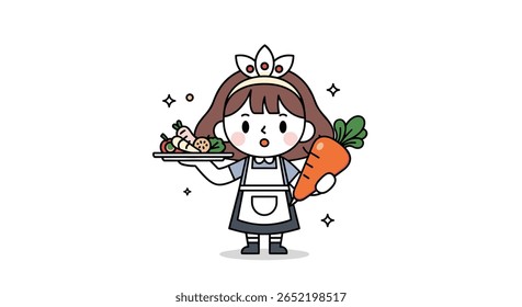 Bonito chef empregada carregando legumes frescos e um prato delicioso