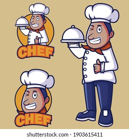 Cute Chef Mascot Vector Illustration. With a Chef Bring Food. With Fun, Cute, And Funny Style. Recomended For Cafee, Restouran And Other.