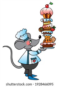 Cute chef mouse with many cakes. Colored vector for card or gift. 