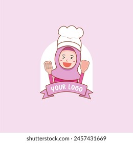 Cute chef muslim hijab woman holding a spatula