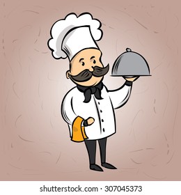Cute Chef with a mustache. Hand drawn cartoon vector illustration.