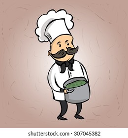 Cute Chef with a mustache and a huge pot of soup. Hand drawn cartoon vector illustration.