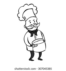 Cute Chef with a mustache and a huge pot of soup. Hand drawn cartoon vector illustration.