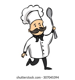 Cute Chef with a mustache and a huge spoon. Hand drawn cartoon vector illustration.