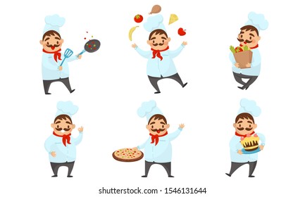Cute Chef With Mustache Wearing Cook Uniform Vector Illustration Set