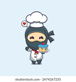 Cute chef ninja with cake cartoon vector illustration. 
Vector cartoon Illustration suitable for poster, brochure, web, mascot, sticker, logo and icon.