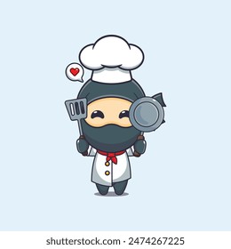 Cute chef ninja cartoon vector illustration. 
Vector cartoon Illustration suitable for poster, brochure, web, mascot, sticker, logo and icon.