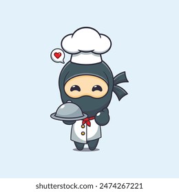 Cute chef ninja with dish cartoon vector illustration.
Vector cartoon Illustration suitable for poster, brochure, web, mascot, sticker, logo and icon.