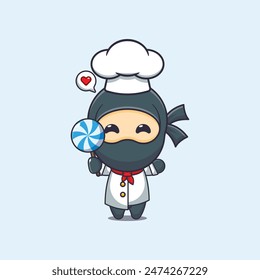 Cute chef ninja holding candy cartoon vector illustration. 
Vector cartoon Illustration suitable for poster, brochure, web, mascot, sticker, logo and icon.