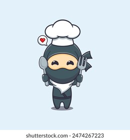 Cute chef ninja holding spoon and fork cartoon vector illustration. 
Vector cartoon Illustration suitable for poster, brochure, web, mascot, sticker, logo and icon.