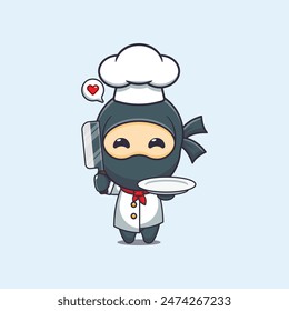 Cute chef ninja with knife and plate cartoon vector illustration. 
Vector cartoon Illustration suitable for poster, brochure, web, mascot, sticker, logo and icon.