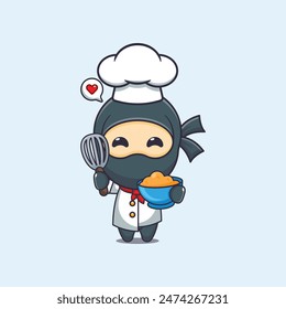 Cute chef ninja making cake batter cartoon vector illustration. 
Vector cartoon Illustration suitable for poster, brochure, web, mascot, sticker, logo and icon.