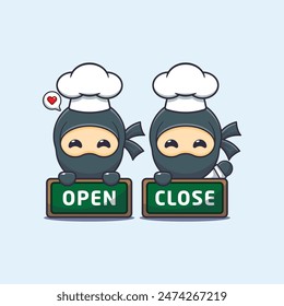 Cute chef ninja with open and close sign board cartoon vector illustration.
Vector cartoon Illustration suitable for poster, brochure, web, mascot, sticker, logo and icon.