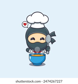 Cute chef ninja with soup cartoon vector illustration. 
Vector cartoon Illustration suitable for poster, brochure, web, mascot, sticker, logo and icon.