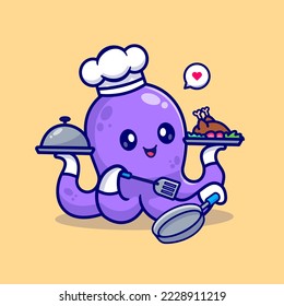 Cute Chef Octopus Serving Food Vector Icon Illustration. Animal Food Icon Concept Isolated Premium Vector. Flat Cartoon Style