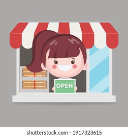 Cute chef opened a bakery shop. Handdrawn vector illustration.