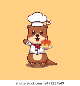 Cute chef otter with cake cartoon vector illustration. 
Vector cartoon Illustration suitable for poster, brochure, web, mascot, sticker, logo and icon.