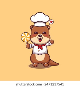 Cute chef otter holding candy cartoon vector illustration. 
Vector cartoon Illustration suitable for poster, brochure, web, mascot, sticker, logo and icon.