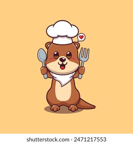 Cute chef otter holding spoon and fork cartoon vector illustration. 
Vector cartoon Illustration suitable for poster, brochure, web, mascot, sticker, logo and icon.