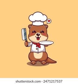 Cute chef otter with knife and plate cartoon vector illustration. 
Vector cartoon Illustration suitable for poster, brochure, web, mascot, sticker, logo and icon.