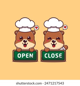 Cute chef otter with open and close sign board cartoon vector illustration.
Vector cartoon Illustration suitable for poster, brochure, web, mascot, sticker, logo and icon.